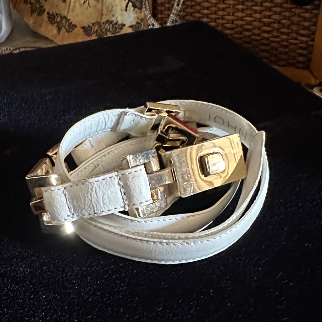 St. John White Leather Skinny Belt W/Gold Accents